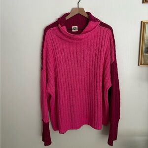 We The Free Pink Burgundy Chunky Knit Color-block Oasis Cowl Neck Sweater Medium
